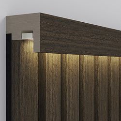 Wood Panel On Wall, Slat Wall Led Lighting, Wood Slat Wall Lighting, Wood Slat Lighting, Wooden Wall Panels Interior Design, Led Wooden Panel, Led Slat Wall, Slat Wall Foyer, Wood Slat Wall Design