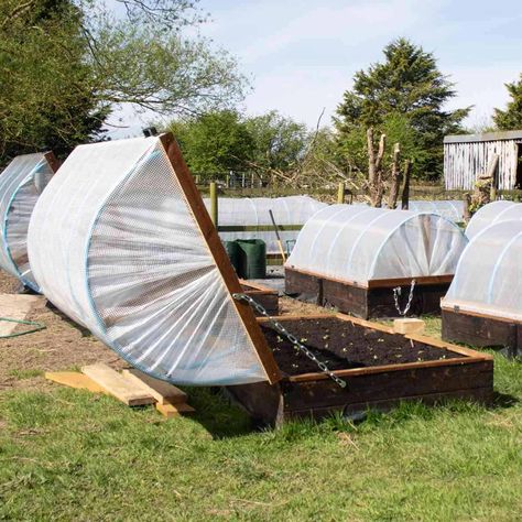 This hinged DIY hoop house is perfect to extend the growing season, protecting vegetable plants from cold weather and pests. Includes video Raised Bed Protection, Hinged Hoop House, Gardening Beds Raised Diy, Hinged Garden Bed Cover, Mini Hoop House, Diy Hoop Greenhouse, Garden Hoops Raised Beds Diy, Diy Raised Bed Cover, Cold Weather Greenhouse