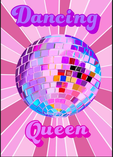 Digital illustration of a multicoloured disco ball with pink light strobes. 70s aesthetic wall art. You Are The Dancing Queen, Dancing Queen Wallpaper, Disco Living Room, Dancing Queen Aesthetic, Disco Cartoon, Dancing Queen Disco Ball, Disco Ball Drawing, Disco Illustration, Disco Ball Illustration