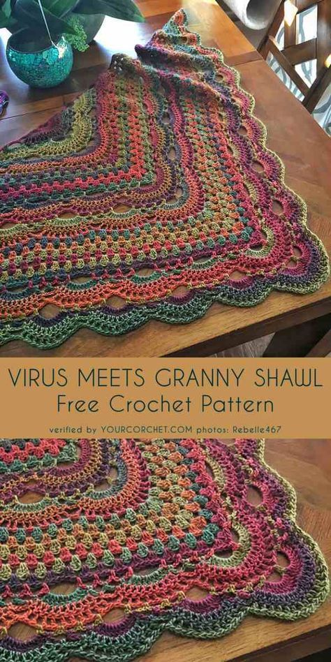 Granny x virus shawl Square Crocheted Blanket, Granny Stitch Crochet Projects, Free Crochet Pattern For Granny Square Scarf, Granny Meets Virus Blanket Pattern, Diy Crochet Shawl, Crochet Virus Shawls, Tie Dye Crochet Pattern, Ombre Granny Square Crochet, Virus Stitch Crochet Free Pattern