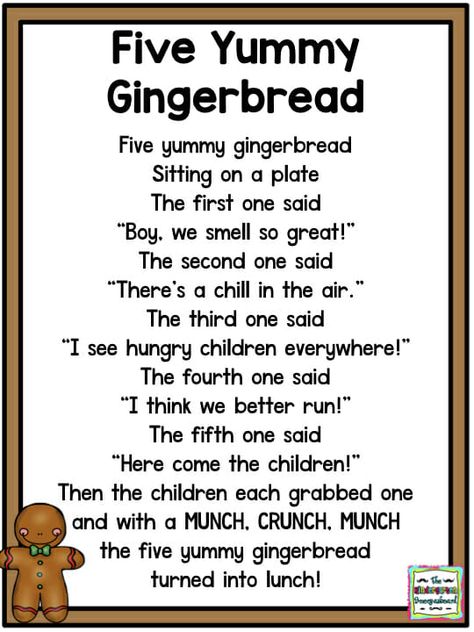 Gingerbread Man Poem! 5 Little Gingerbread Poem, Five Little Gingerbread Men, Gingerbread Man Songs For Preschool, Gingerbread Poems Preschool, 5 Senses Gingerbread Man, 5 Little Gingerbread Men, Preschool Christmas Fingerplays, December Poems For Kids, Holiday Songs For Preschoolers