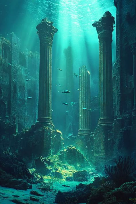 Underwater Greek Ruins, Underwater Ruins Art, Underwater Ruins Concept Art, Underwater Ruins Fantasy Art, Dnd Underwater City, Castle Ruins Aesthetic, Underwater Building, Underwater Concept Art, Ocean Mysteries