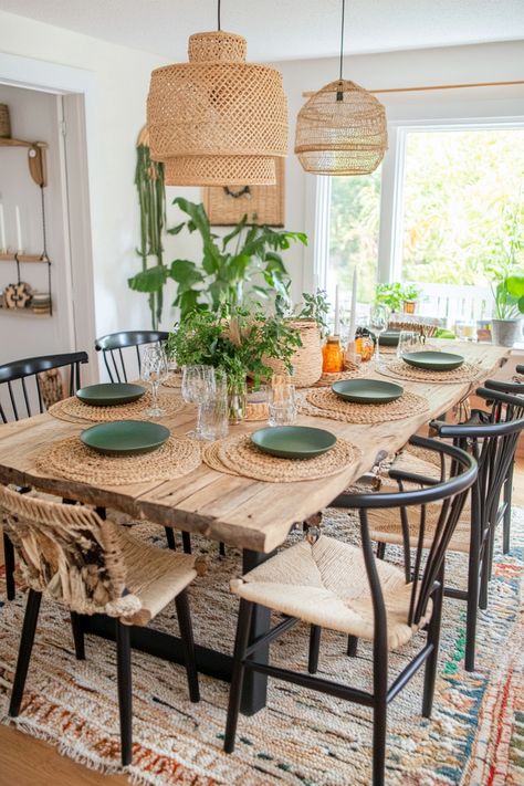 15 Boho Decor Ideas to Transform Your Home – Everyday Inspo Dining Table Boho Decor, Open Concept Kitchen Dining Living Room Boho, Boho Western Dining Room, Boho Ranch Style Decor, Boho Modern Dining Room, Kitchen Table Boho, Modern Boho Dining Room, Boho Chic Dining Room, Dining Room Boho