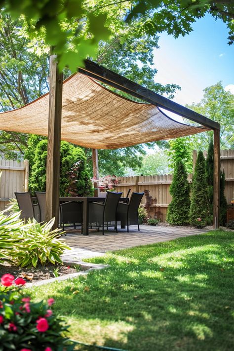 Shade Sails Backyard, Shade Sails For Deck, Shade For Terrace, Shade Ideas For Garden, Backyard With Sunsail, Sun Shade Sail Ideas Backyards Diy, Small Backyard Shade Ideas, Shade Pergola Ideas, Pop Up Gazebo Ideas Backyard