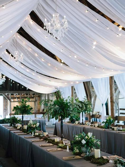 Arch For Wedding Ceremony, Reception Ceiling, Wedding Ceiling Decorations, White Wedding Arch, Wedding Draping, Draping Wedding, Wedding Ceiling, Green Centerpieces, Ceiling Draping