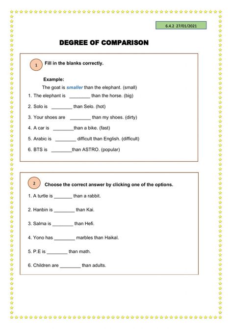 Ejercicio interactivo de Degree of comparison Degree Of Comparison Worksheets, Degree Of Comparison, Degrees Of Comparison Worksheets, Degree Of Adjectives Worksheets, Adjective Of Comparison Worksheet, Degrees Of Adjectives Worksheets, English Language Learning Activities, Degrees Of Comparison, Adjective Worksheet