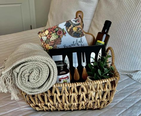 Charcuterie Board Gift Basket - Luxury Charcuterie Gifts | Sell with Jenelle Cheese Board Gift Basket Diy, Charcuterie Themed Gift Basket, Charcuterie Board Basket Ideas, Charcuterie Board Gift Baskets, Wine And Charcuterie Gift Basket, Meat And Cheese Basket Gift Diy, Charcuterie Gift Basket Ideas, Charcuterie Board Basket Gift, Charcuterie Basket Gifts