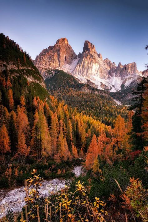 Are you visiting the Italian Dolomites during the Fall? Don't miss these fantastic autumn photography locations! Dolomites Italy Autumn, Beautiful Fall Landscapes, Fall Mountains Aesthetic, Fall Scenery Wallpaper, Fall Landscape Wallpaper, Italian Autumn, Mountains In The Fall, Fall Mountains, Fall Scenery