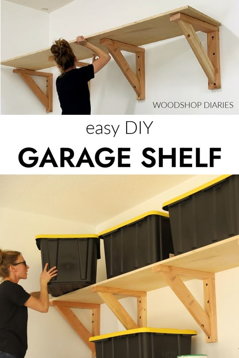 Easy DIY Garage Wall Shelves Diy Wood Hanging Shelves Garage, Building Shelves For Garage, Garage Wood Shelving, Diy Shelves Garage, Wooden Shelves Garage, Shed Storage Shelves Easy Diy, Strong Shelves Diy, Cheap Garage Shelving, Diy Shed Shelves