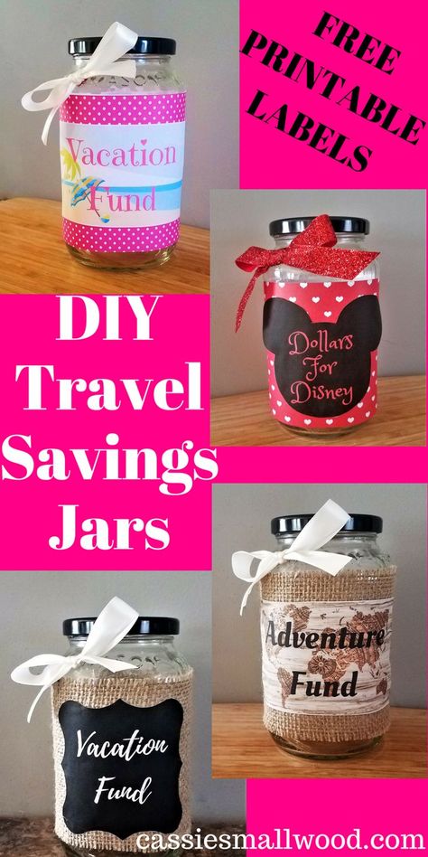 Get your free printable labels and make your own DIY Travel Savings Jar! This is a fun and easy way to save money for vacation. Your travel savings jar will make it so simple to save for family vacations or romantic couples trips. Save your coins or dollars in these cute travel savings jars. 4 different vacation savings jar designs to choose from. Savings Jar Diy, Vacation Money Jar, Disney Savings Jar, Vacation Fund Jar, Vacation Savings Jar, Couples Trips, Honeymoon Shower, Disney Savings, Money Saving Jar