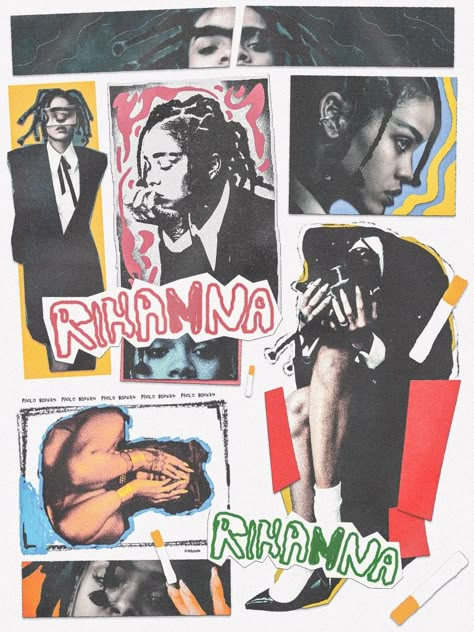 90s Editorial Design, Rihanna Poster, Mixed Media Design, Zine Design, Music Collage, Magazine Collage, Creative Genius, Art And Music, Editing Inspiration