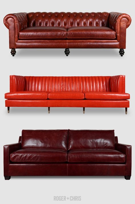 Dark Red Leather Couch, Red Leather Couch, Interior Design Asian, Red Leather Couches, Leather Swatches, Davenport House, Tight Back Sofa, Leather Banquette, Quilt Cushion