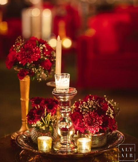 Table Decor Indian Wedding, Maroon Reception Decor, Red And Gold Indian Wedding Decor, Red Sangeet Decor, Indian Wedding Table Centerpieces, Maroon And Gold Wedding Decor, Red Indian Wedding Decor, Sangeet Centerpieces, Maroon Wedding Decor