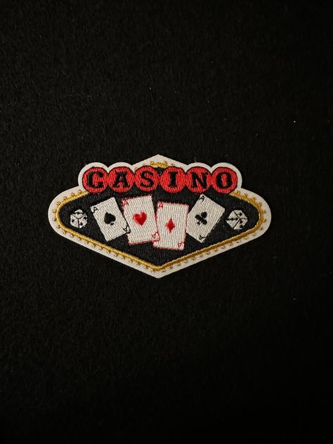 "Embroidered \"Casino\" sign with all aces! 3 inches wide, 1 5/8 inches high. Iron on instructions included. If you need more of this appliqué, please contact me for more information." Blackjack Aesthetic, Old Casino Aesthetic, Casino Cards Aesthetic, Casino Design, Casino Graphic Design, Casino Aesthetic, Casino Sign, Casino Signage, Casino 1995 Wallpaper