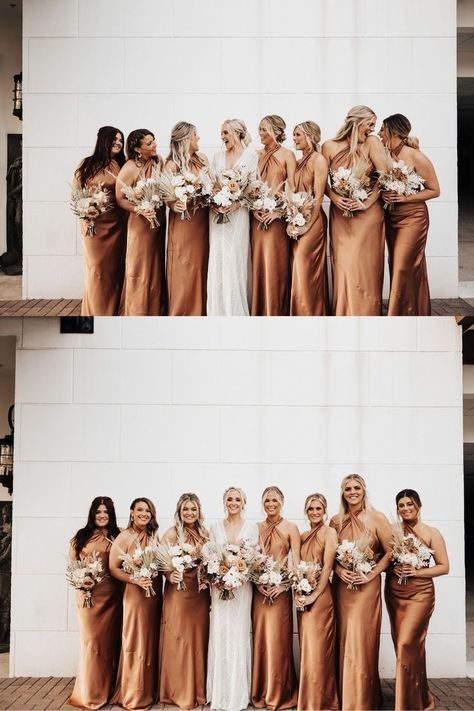 Neutral Rust Bridesmaid Dresses, Dusty Rust Bridesmaid Dresses, Rust Champagne Bridesmaid Dresses, Terracotta Silk Bridesmaid Dresses, Rust And Champagne Wedding Colors, Copper Tone Bridesmaid Dresses, Orange Color Schemes Wedding, Rust Bridesmaid Dress With Flowers, Rustic Bohemian Bridesmaid Dresses