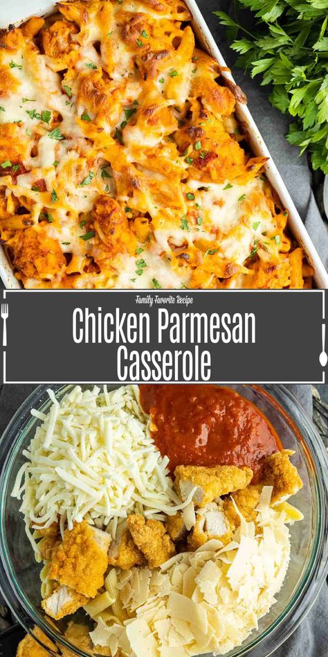 This chicken parmesan casserole is a classic comfort food recipe that has been turned into an 5 ingredient weeknight dinner recipe that is perfect for families. This chicken parm casserole takes tender breaded chicken breasts cut up into bite-sized pieces, a good sauce, and lots of cheese and tosses it together with pasta to bake into a delicious casserole that will have you coming back for seconds. Chicken Parmesan Casserole By Cooktop Cove, Chicken Parmesan Casserole Instant Pot, Chicken Parm With Chicken Tenders, Breaded Chicken Casserole Recipes, Chicken Parm Casserole Recipes, Easy Chicken Parm Casserole, Leftover Chicken Parmesan Recipes, Recipes With Breaded Chicken, Chicken Parm Casserole With Pasta