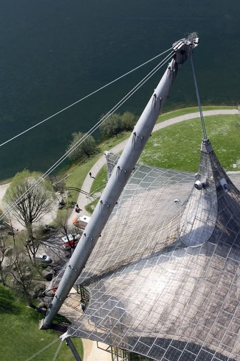 Munich Olympic Stadium, Frei Otto Architecture, Cable Structure Architecture, Cable Structure, Floating Architecture, Membrane Structure, Tourist Center, Tensile Structures, Brutalist Buildings