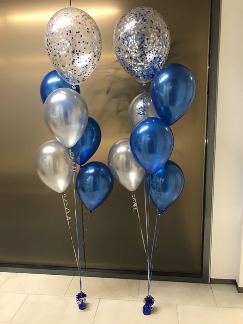 Simple Balloon Decoration, Surprise Birthday Decorations, Balloons Galore, Blue Birthday Parties, Simple Birthday Decorations, Silver Balloon, Birthday Balloon Decorations, 18th Birthday Party, Blue Birthday