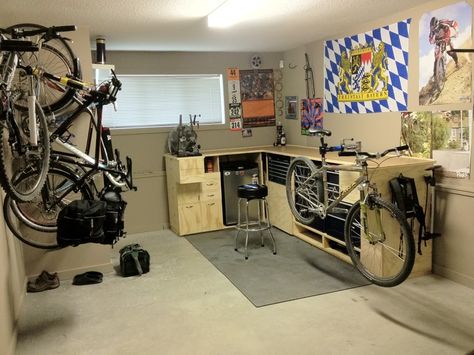 Garage Bike Shop, Bike Cave, Bike Workshop, Bicycle Garage, Bike Repair Stand, Gear Room, Bike Hooks, Bike Room, Garage Bike