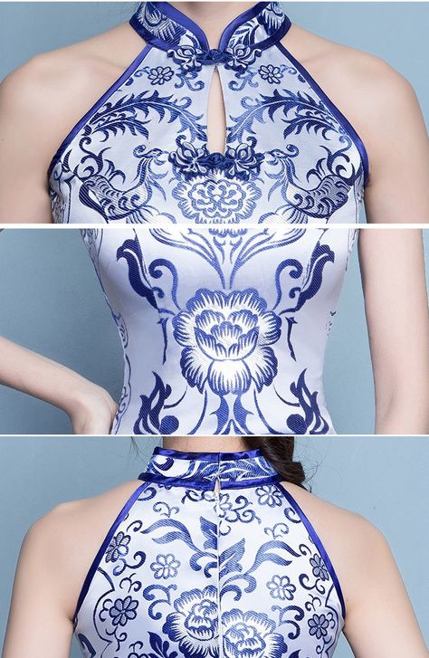 Halter Cheongsam, Cheongsam Dress Pattern, Qipao Outfit, Chinese Dresses Pattern, Cheongsam Pattern, Cheongsam Shirt, Qipao Pattern, Chinese Style Dress, Blue And White Pattern