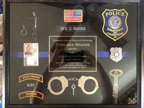 Police Officer Cricut Projects, Police Badge Shadow Box Display, Shadow Box Police Officer, Police Retirement Shadow Box Ideas, Police Officer Shadow Box Ideas, Law Enforcement Shadow Box Ideas, Police Shadow Box Ideas, Work Shadow, Police Decor