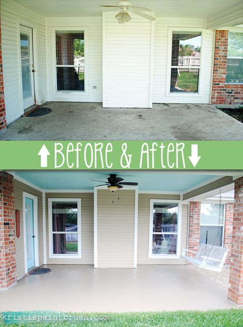 How to paint a porch floor: step by step process of cleaning, etching and painting for great results! Painted Porch Floors, Painted Porch, Floor Concrete, Paint Concrete, Patio Floor, Porch Paint, Painted Concrete, Concrete Patios, Porch Floor