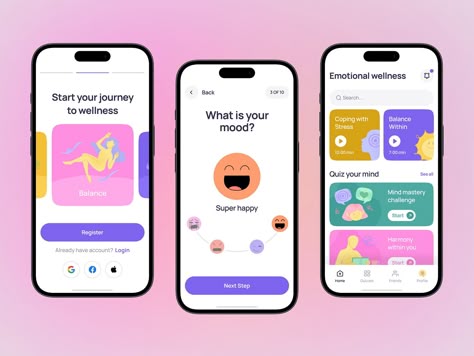 Healthcare, Mental Health mobile app by Valtorian 🇺🇦 for Valtorian | No-code development on Dribbble Mobile App Layout Design, Social Media App Ui, Mobile Web Design Layout, App Inspiration, Food App Design, Wellness App, App Design Ideas, Health Apps, Health App Design