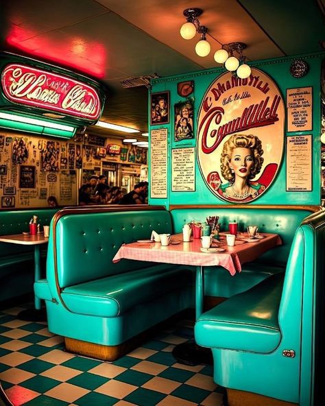 1960s Restaurant Interior, American Cafe Design, Los 80 Aesthetic, 90s Restaurant Aesthetic, 60s Diner Aesthetic, 80s Restaurants, Vintage Diner Aesthetic, Retro Diner Aesthetic, 50s Restaurant