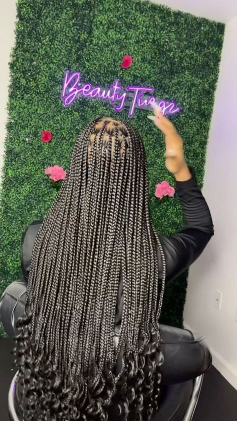 Braids Ideas With Curls, Box Braids Hairstyles With Curls At The End, Long Black Box Braids With Curly Ends, Braids Hairstyles With Curls At The End, Long Black Braids With Curls At The End, Knotelles Braids With Curls, Knowles’s Braids With Curls At The End, Curled Ends Braids, Braids With Curls At The End With Color