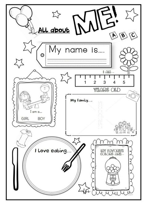 Back to school pack. Abc numbers 1-10 all about me English worksheets my name favorite Esl introduction sheet Self Introduction Worksheet For Kindergarten, All About Me Sheet Preschool, My Name Is Worksheet, My Name Worksheet, All About Me Kindergarten, About Me Worksheet, All About Me Preschool Theme, Me Preschool Theme, Preschool First Day