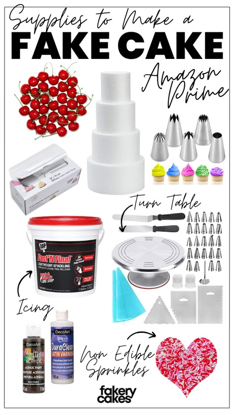 How to make a fake cake with arts & crafts supplies from Amazon Prime. Fake Desserts, Cupcakes, DIY projects Fake Cake Icing How To Make, Making Fake Cakes, Cake Project Ideas, Fake Heart Cake Diy, Fake Cakes Diy, Diy Spackle Cake, Fake Icing For Crafts, How To Make Fake Cakes For Display, Fake Cake Mirror Diy