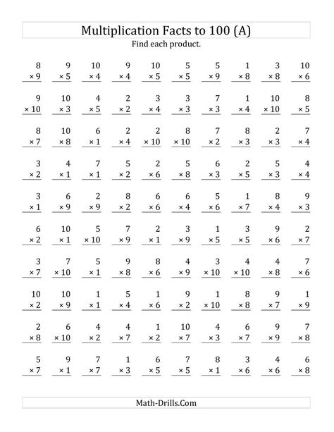 The Multiplication Facts to 100 No Zeros (All) Math Worksheet Detention Worksheets, Missing Letters Worksheet, Subtraction Facts Worksheet, Basic Math Worksheets, Present Perfect Simple, Multiplication Facts Worksheets, Printable Multiplication Worksheets, Math Multiplication Worksheets, Third Grade Math Worksheets