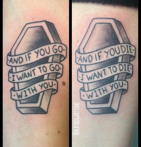 Atheistic Tattoos, System Of A Down Matching Tattoo, Ghost Band Lyric Tattoo, And If I Go I Wanna Go With You Tattoo, Couples Horror Tattoos, Gamer Matching Tattoos, Goth Music Tattoo, Couple Tattoos Goth, Matching Coffin Tattoos