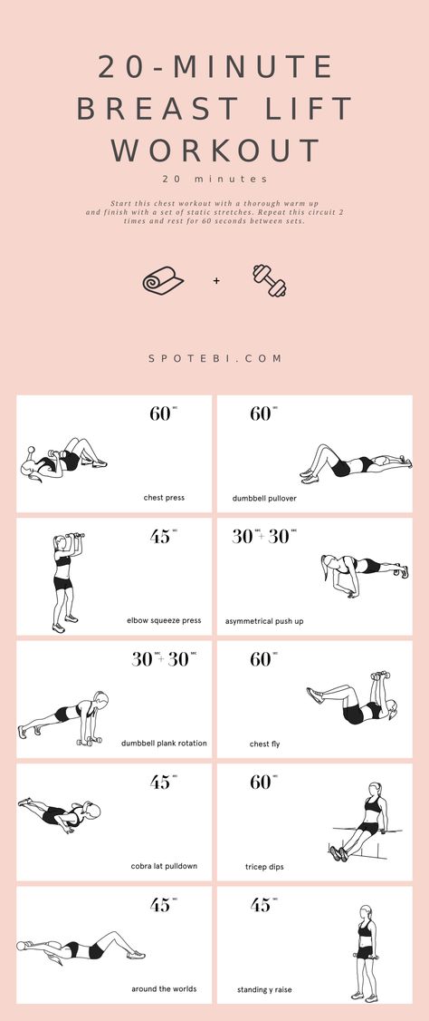 While exercise can't affect the shape of your breasts, doing the right moves can strengthen the muscles beneath them, called the pectorals. This 20-Minute Breast Lift Workout includes the best exercises to promote firmness and perkiness and give you a lifted appearance! https://www.spotebi.com/workout-routines/20-minute-breast-lift-workout/ Breast Lift Workout, Calisthenics Workout Routine, Breast Lift Exercise, Lift Workout, Latihan Dada, Breast Workout, Planet Fitness, Best Exercises, Body Workout Plan