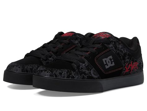 DC DC X Slayer Sneaker Collection - Men's Shoes : (Pure) Black/Grey/Red : The ultra-modern DC DC X Slayer Sneaker Collection Shoes are sure to keep you updated with the trend and give your casual appearance a touch of style. These are crafted with a leather upper, canvas lining, removable foam footbed, all ensuring premium comfort and durability. The shoes feature a round toe shape and a specialty print DC x Slayer artwork and logo application on the upper. Slip-on style. Rubbed midsole and outs Red And Black Shoes High Heels, Thigh High Sneakers, Dc Skate Shoes Outfit, Y2k Emo Men, Red Dc Shoes, Things To Buy Boyfriend, Black And Red Quince, Dc Shoes Aesthetic, Cool Mens Shoes