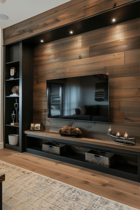 62  Modern TV Wall Ideas Plywood Tv Wall, Rustic Entertainment Wall, Indoor Entertainment Area Ideas, Wood Tv Accent Wall, Family Room Entertainment Center Ideas, Wood Paneling Behind Tv, Black Entertainment Wall, Media Wall Storage, Small Living Room Remodel Ideas