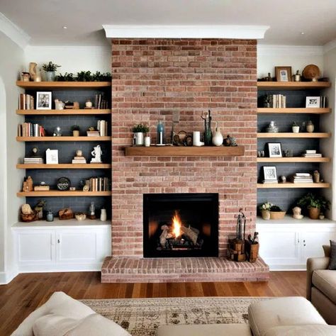 Renovate Brick Fireplace, Brick Fake Fireplace, Removing Paint From Brick Fireplace, Fireplace Wall Ideas Brick, Brick Fireplace Makeover With Built Ins, Brick Fireplace Bookshelves, Living Room Ideas No Fireplace, Wood Around Fireplace, Tv Next To Fireplace Ideas