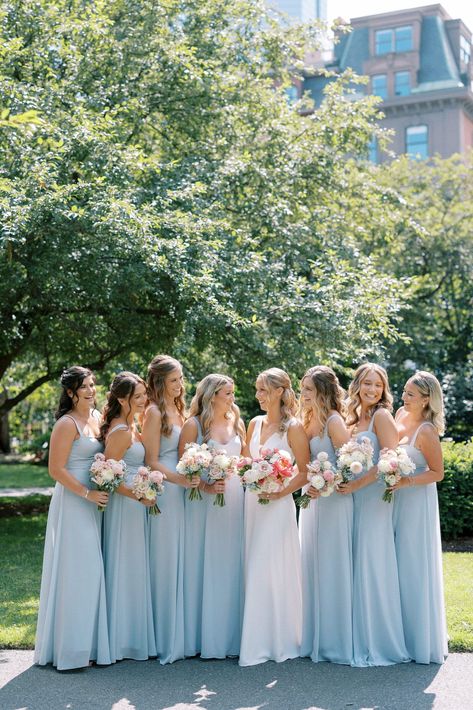 Power Blue Bridesmaid Dresses, Bride With Blue Bridesmaids, Blue Wedding Photography, Best Bridesmaid Dresses Blue, Pastel Blue Wedding Bridesmaid, Brides Maid Dresses Light Blue, Blue Hydrangea Bridesmaid Dresses, Blue Hydrangea Wedding Bridesmaid, Cute Wedding Bridesmaid Dresses