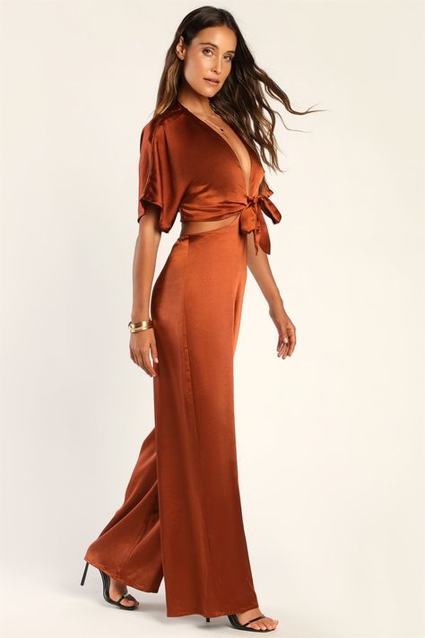 Rust Brown Jumpsuit - Two-Piece Jumpsuit - Tie-Front Jumpsuit - Lulus Structured Jumpsuit, Black Tie Jumpsuit, Fall Jumpsuit, Fall Wedding Looks For Guests, Womens Jumpsuits, Clothing Line Photoshoot Ideas, Rust Jumpsuit, Fall Jumpsuit Outfit, Wide Leg Jumpsuit Outfit