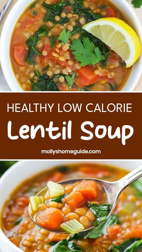 Looking for a healthy and delicious meal idea? Try this flavorful low calorie lentil soup recipe that's perfect for chilly days. Packed with protein and nutrients, this soup is simple to make and will keep you feeling satisfied. It's a great option for anyone looking to eat lighter without sacrificing flavor. Give this hearty and nutritious dish a try today! Healthy Fast Soup Recipes, 100 Calorie Soup, Vegetarian Lentil Soup Recipes, Healthy Low Calorie Soups, Low Carb Lentil Soup, Low Calorie Lentil Soup, Easy Low Calorie Soup, Weight Watchers Lentil Soup, Soup Diets That Work