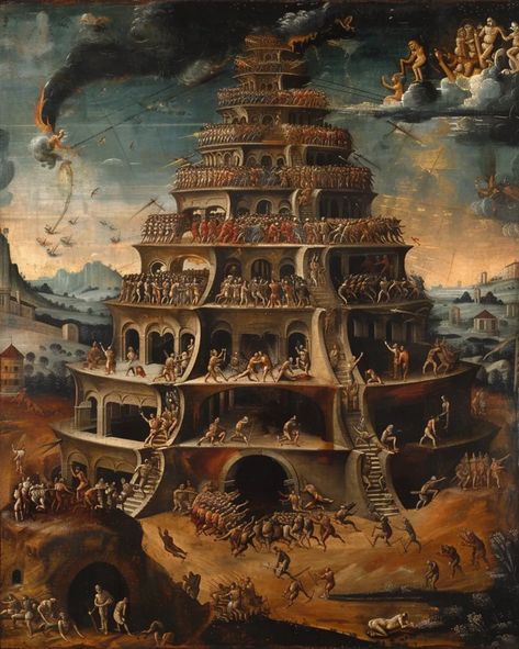 The painting is about the Tower of Babel. The story is from the Bible, and it tells how the people of the world tried to build a tower to reach heaven ->> more details in ai-img-gen.com Babel Tattoo, Garden Of Babylon, Babel Tower, Tower Of Babylon, Exhibition Project, The Tower Of Babel, Dads Room, Gardens Of Babylon, Tower Of Babel