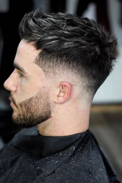 Mid Fade Haircut With Beard, Fade On The Sides Long On Top, Men Fohawk Fade Faux Hawk, Mens Side Fade Haircut, Mid Fades Men, Men Hair Cut 2023, One Side Fade Haircut Men, Long On Too Short On Sides Men, Mens Low Fade Haircut With Beard