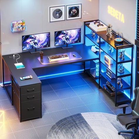 Couples Office Space Home, U Shaped Office, U Shaped Office Desk, Small Room Desk, Corner Gaming Desk, L Shaped Gaming Desk, Desk With Led Lights, Cpu Stand, Teenager Bedroom