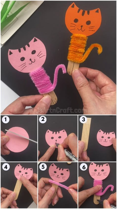 Cute Crafts For Kindergarteners, Cat Lesson Plans Preschool, Pets Craft For Preschoolers, Stick Diy Crafts, Preschool Crafts Popsicle Sticks, Toddler Crafts With Popsicle Sticks, Dog And Cat Crafts Preschool, Easy Unicorn Crafts For Kids, Cute Arts And Crafts For Kids