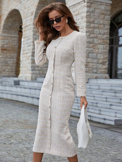 Free Returns ✓ Free Shipping On Orders $49+ ✓. Split Back Button Front Tweed Fitted Dress- Women Dresses at SHEIN. Tweed Dress Outfit Classy, Tweed Dress Outfit, White Tweed Dress, Tweed Fashion, Smart Wear, Tweed Outfit, Muslim Fashion Hijab Outfits, Chic Fall Outfits, Mesh Bodycon Dress