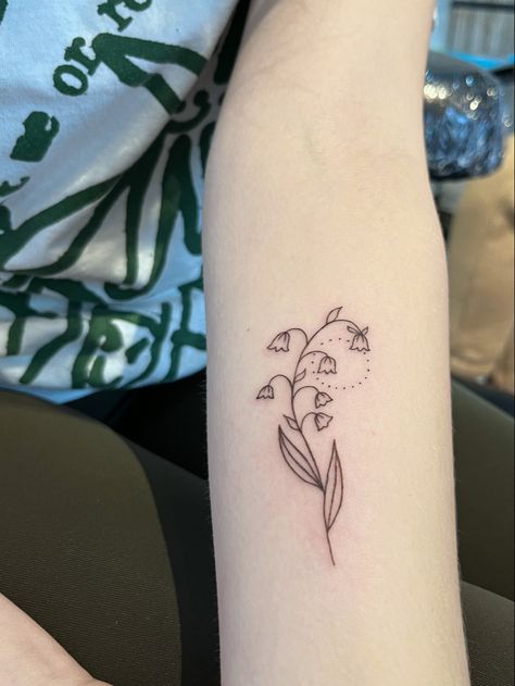 lily of the valley fine line tattoo line art tattoo flower tattoo moon flower new moon dotted tattoo forearm tattoo Lily Of The Valley Moon Tattoo, Dotted Tattoo, Lil Tattoo, Lily Of The Valley Tattoo, Tattoo Line Art, Valley Tattoo, Line Art Tattoo, Flower Tat, Tattoo Moon