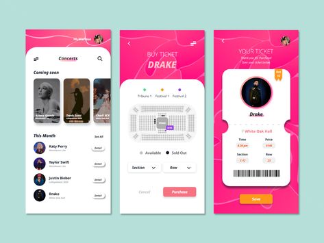 Concert Ticket Booking App by Dansksm Ticket Website Design, Ticket Booking Website Design, Event Ticket Website Design, Concert Tickets Design, Ticket App Design, Enhypen Ticket Concert, Event Booking App, App Wireframe, Event App