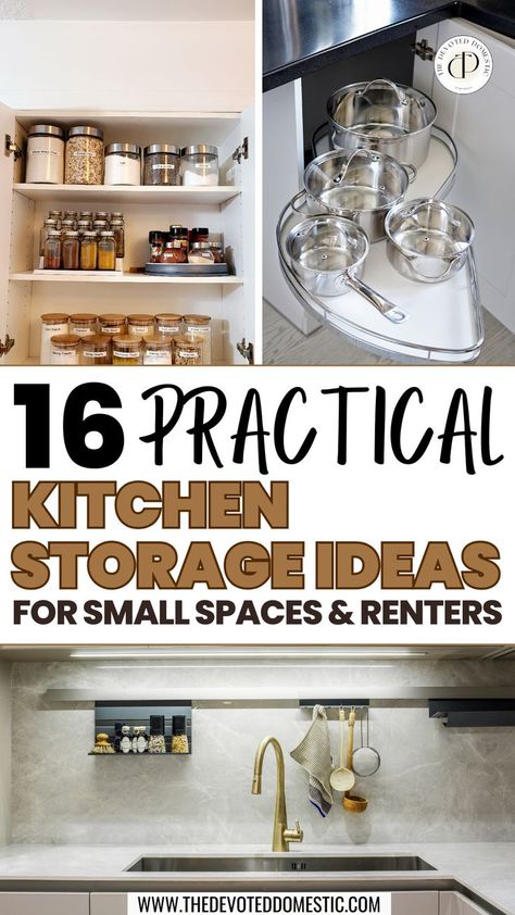 OMG, these are the BEST kitchen storage ideas I've ever learned!! Not only are these 16 kitchen storage solutions small-space friendly, BUT they're also RENTER-friendly. Oh, and they're super practical and affordable as well! They basically doubled the space in my small rental kitchen!! Small Rental Kitchen, Apartment Organization Kitchen, Rental Apartment Kitchen, Apartment Kitchen Storage, Renter Friendly Kitchen, Apartment Kitchen Storage Ideas, Small Space Storage Bedroom, Storage Ideas Bathroom, Apartment Kitchen Organization