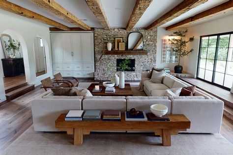 Tuscan Style Architecture, Hand Hewn Beams, Stone Accent Walls, Living Room Mantel, Built In Cabinet, Living Room Update, Room Update, Magnolia Homes, Joanna Gaines