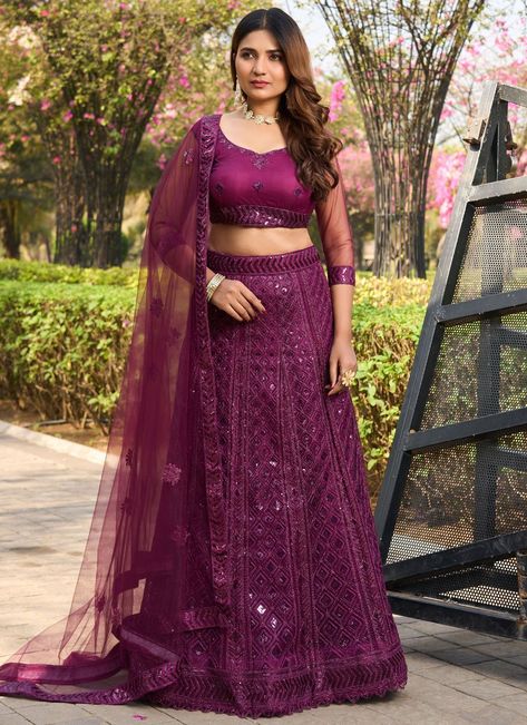 Beautiful Wine Net A - Line Lehenga Choli with Embroidered and Sequins Work Wine Lehenga, Engagement Lehenga, Bridal Lehenga Online, Eid Special, Ghagra Choli, Designer Lehenga, Designer Lehenga Choli, Net Fabric, Net Dupatta